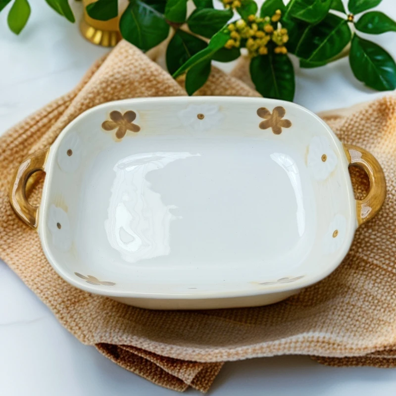 高颜值花朵双耳烤盘家用复古沙拉盘芝士焗饭盘微瑕 凑满20元包邮