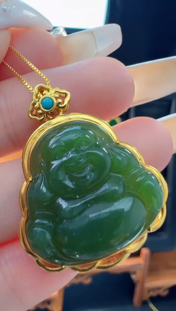 【闪购商品】和田玉（糖玉）吊坠(不含链)18K金镶嵌和田碧玉吊坠