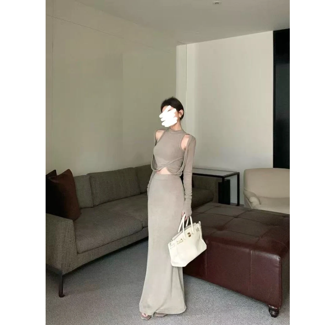 复古气质设计感辣妹假两件长袖上衣高腰显瘦半身裙薄绒纯欲套装女