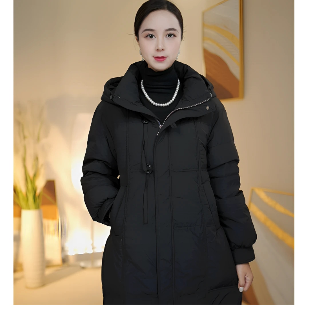 90白鸭绒中长款连帽收腰女款时尚冬季保暖羽绒服35Y906