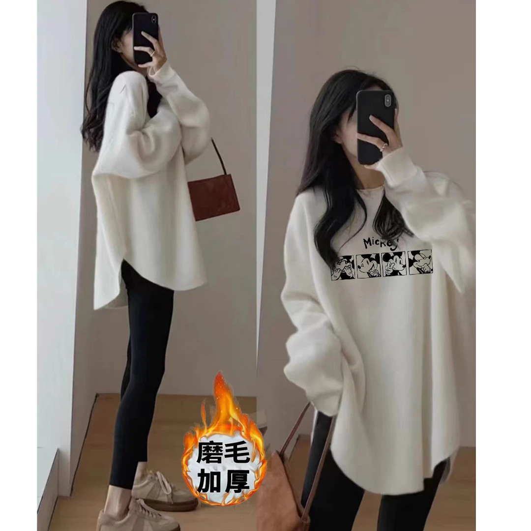 秋冬新款不规则加厚磨毛T恤女宽松显瘦遮屁股中长款保暖内搭上衣