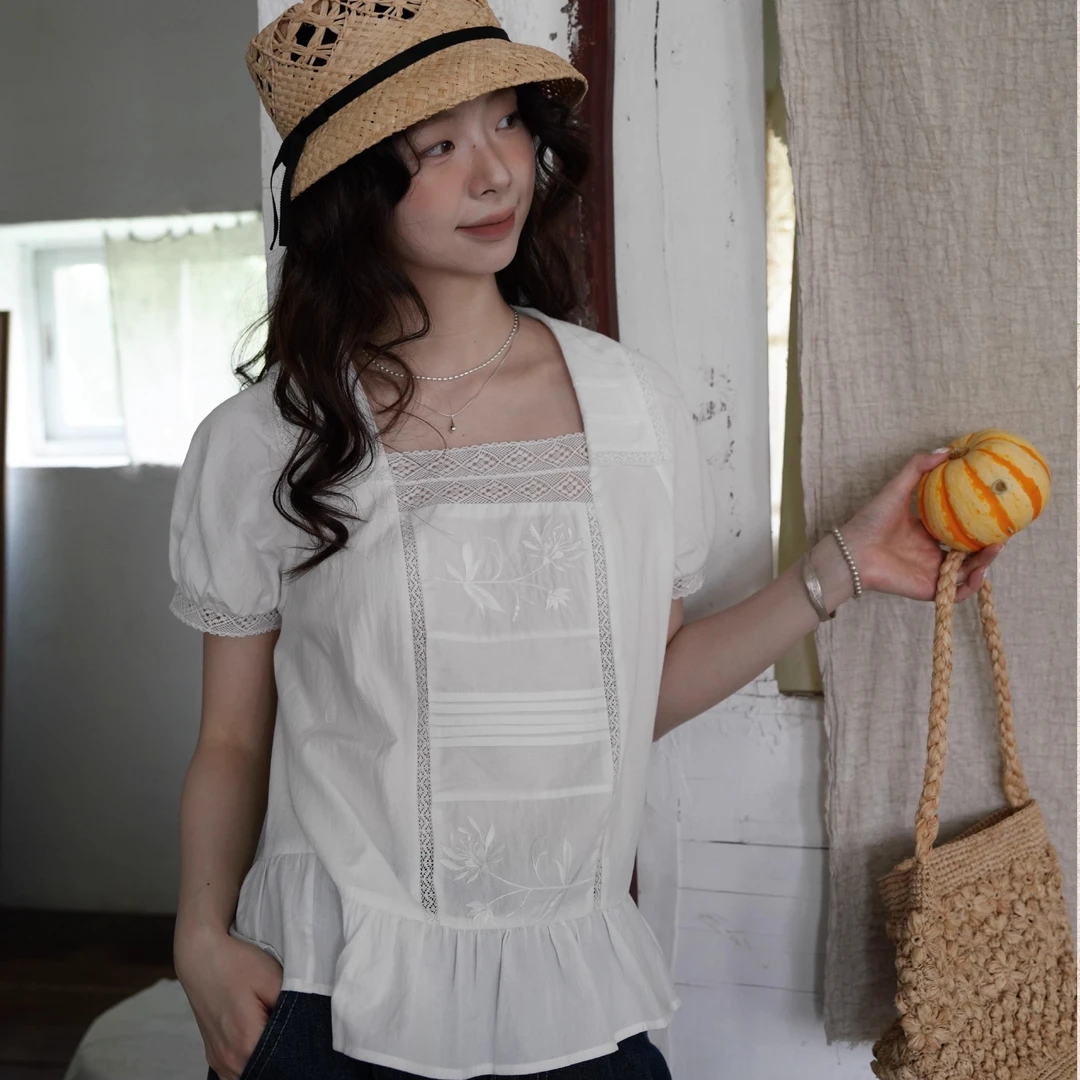 高端货~100棉古典刺绣白色蕾丝短袖衬衫女设计感小众上衣百搭