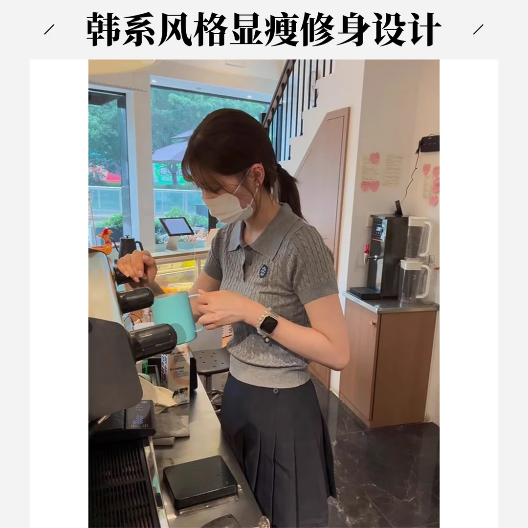 韩系灰色麻花针织冰丝短袖POLO衫T恤女夏季独特百搭显瘦正肩上衣