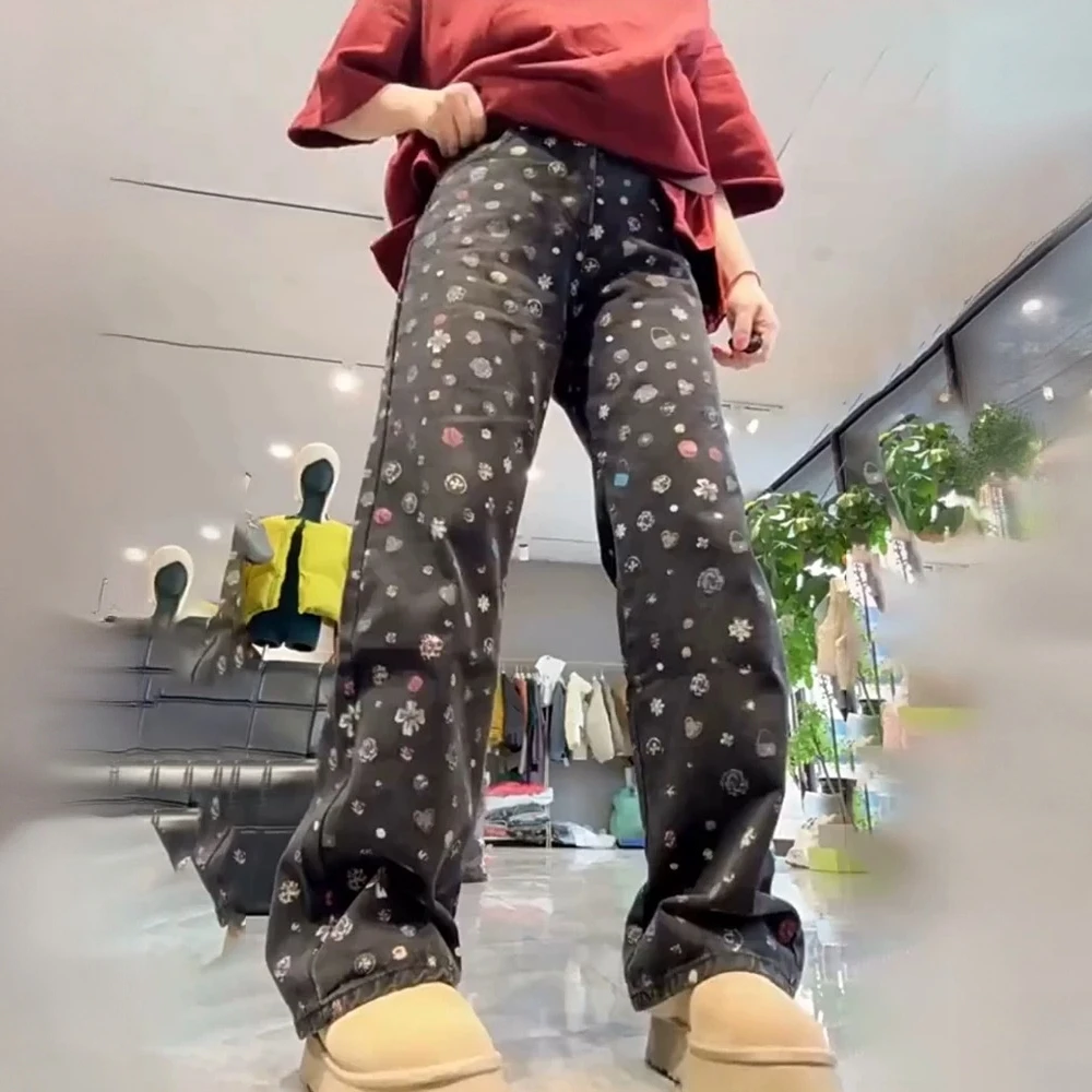 碎花印染窄版牛仔裤女秋冬季加绒保暖大码胖mm高腰显瘦百搭直筒裤