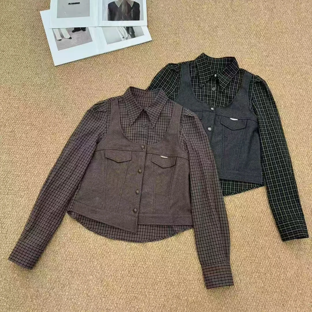 深圳南油高货2025秋季新款时尚显瘦长袖格子衬衫女+马甲两件套