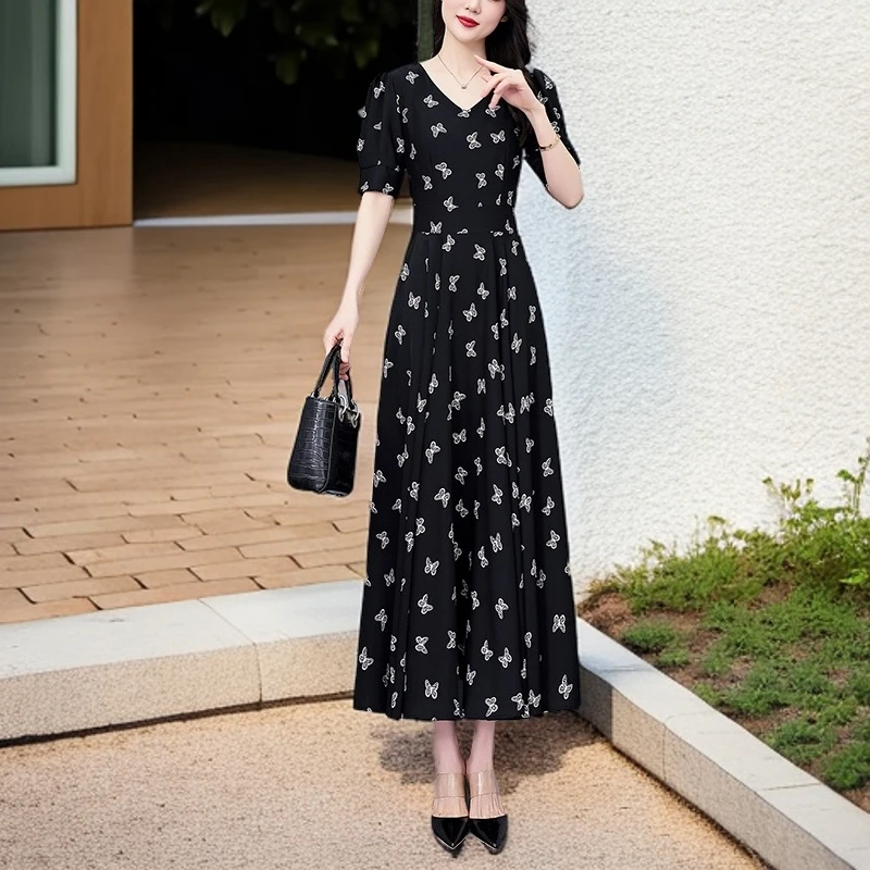 2025夏季新款高档印花碎花连衣裙大码胖mm收腰显瘦遮肚长裙