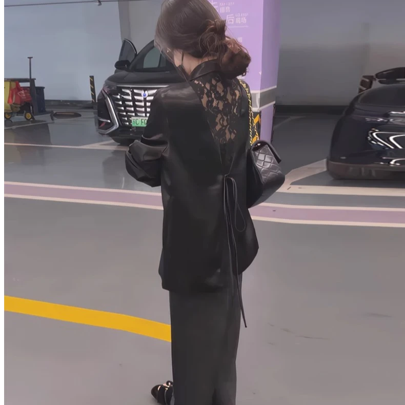 网红爆款蕾丝拼接西装外套女春季2025新款气质高级感宽松缎面西服