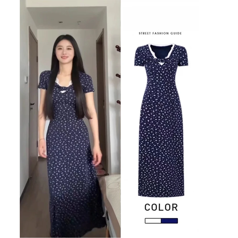 藏蓝色夏日绝美小个子巨好看碎花吊带连衣裙女2025新款掐腰长裙子