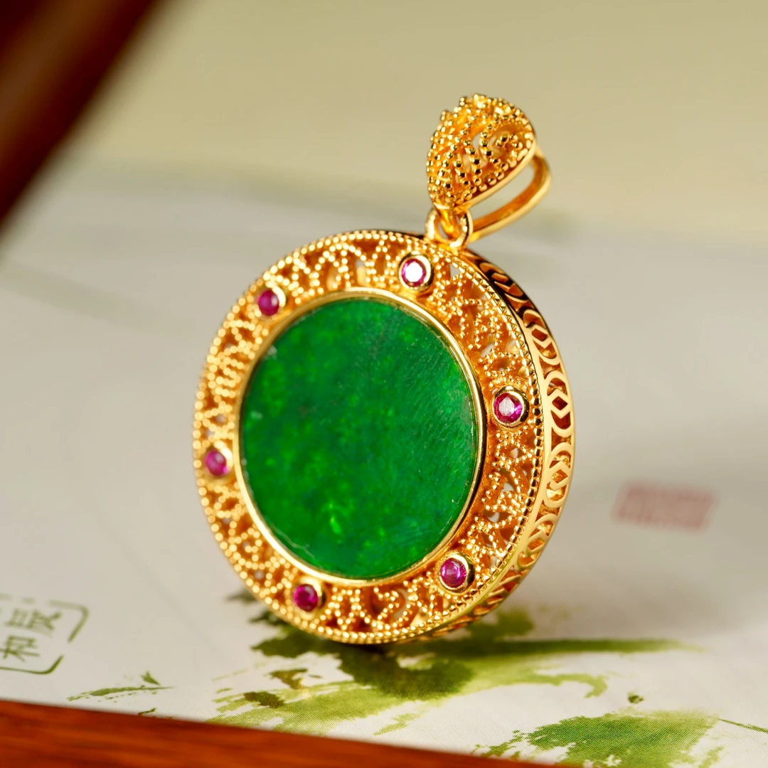 【莲花处处开】天然缅甸A货玉坠翡翠吊坠S925银镀金国潮-0527