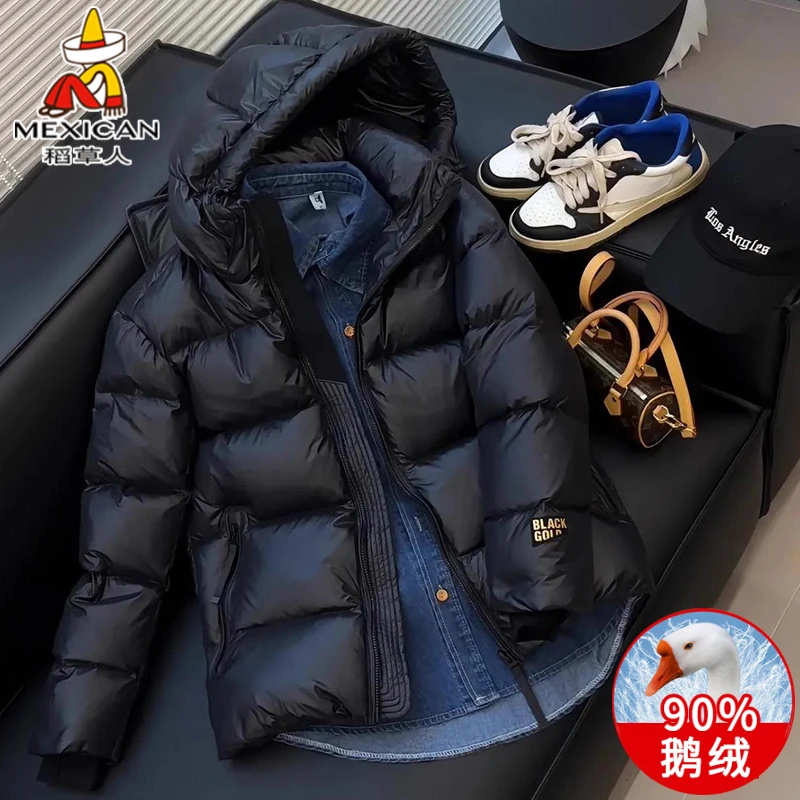 稻草人冬季短款鹅绒服外套男女同款加厚保暖黑金羽绒服情侣面包服