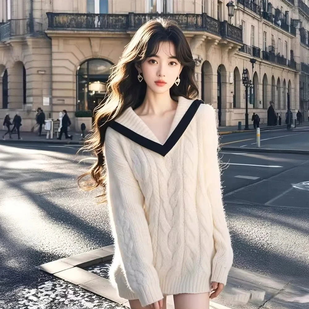 韩系宽松海军翻领毛衣2025秋冬新款女小个子软糯慵懒风百搭针织衫