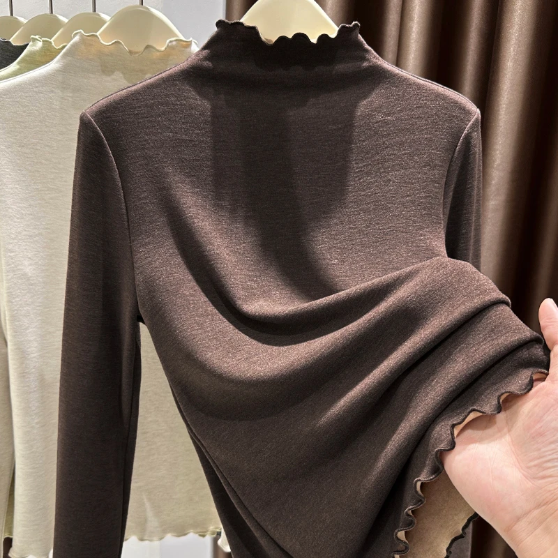 木耳边双面德绒修身打底衫秋冬新款半高领长袖上衣加绒百搭内搭女