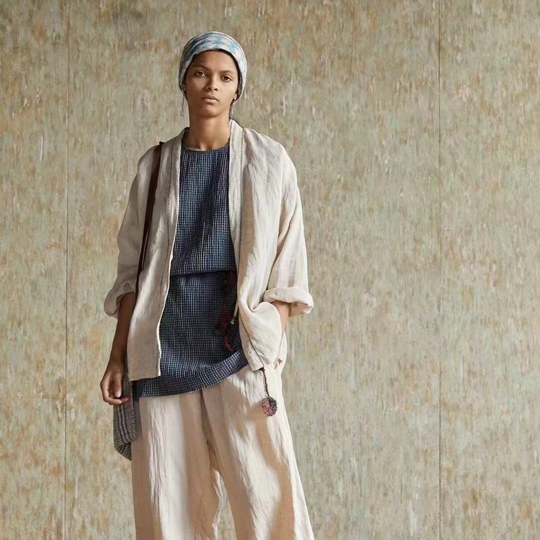 涟香家左岸迷香牛仔短外套8016亚麻米灰宽松复古百搭休闲上衣开衫