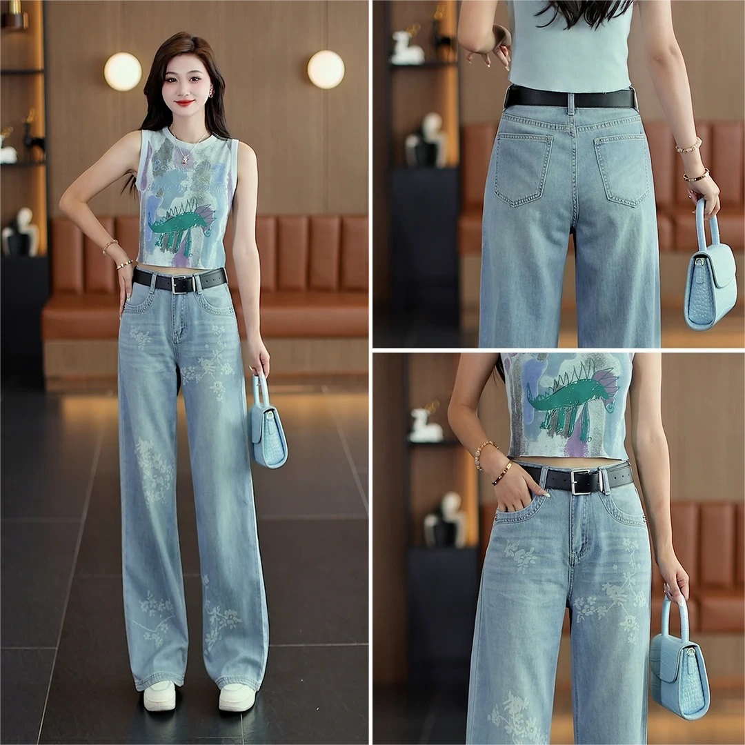 复古垂感牛仔裤子女2025夏新款窄版直筒裤显瘦高腰国风印花长裤