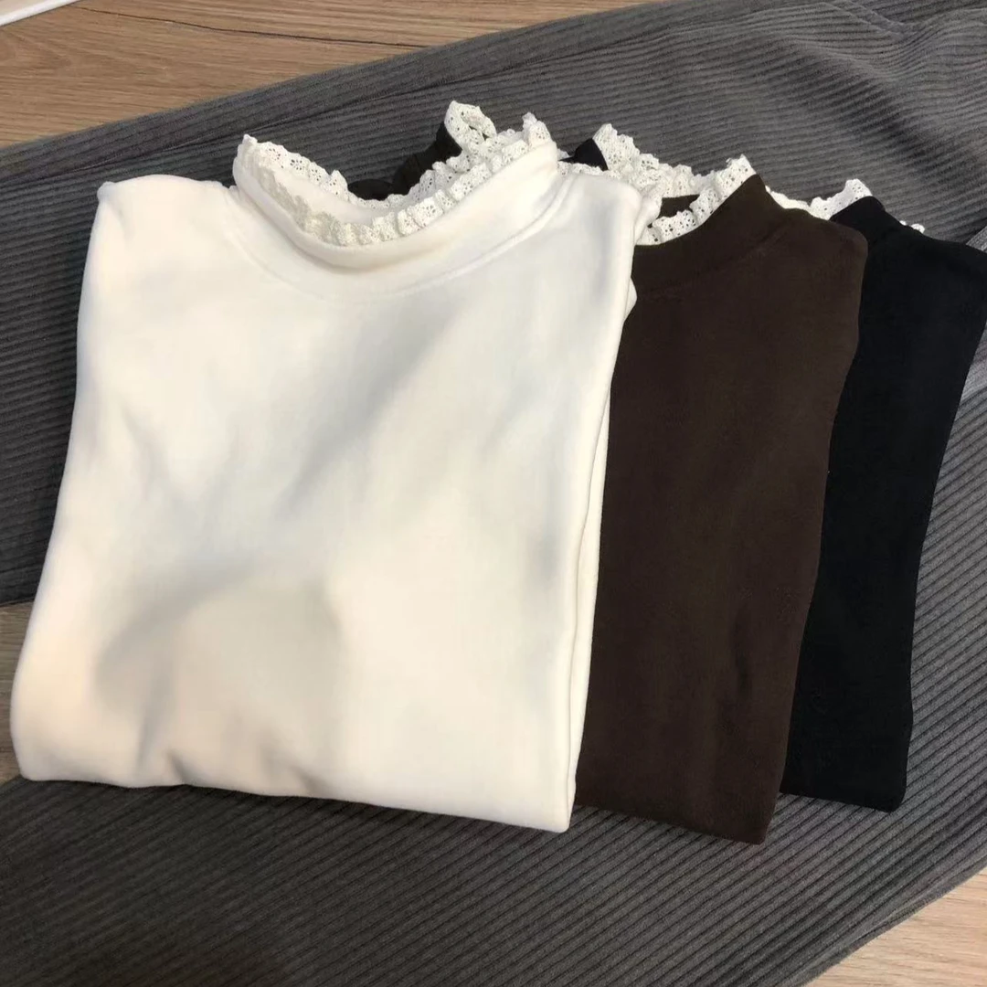 【领口蕾丝】花边亲肤磨毛蕾丝半高领套头百搭春季骑行打底衣