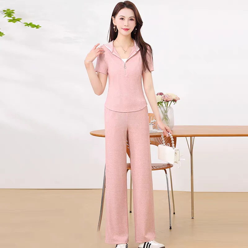 A1308显瘦工艺蕾丝夏装短袖洋气通勤大码运动风时尚套装气质休闲