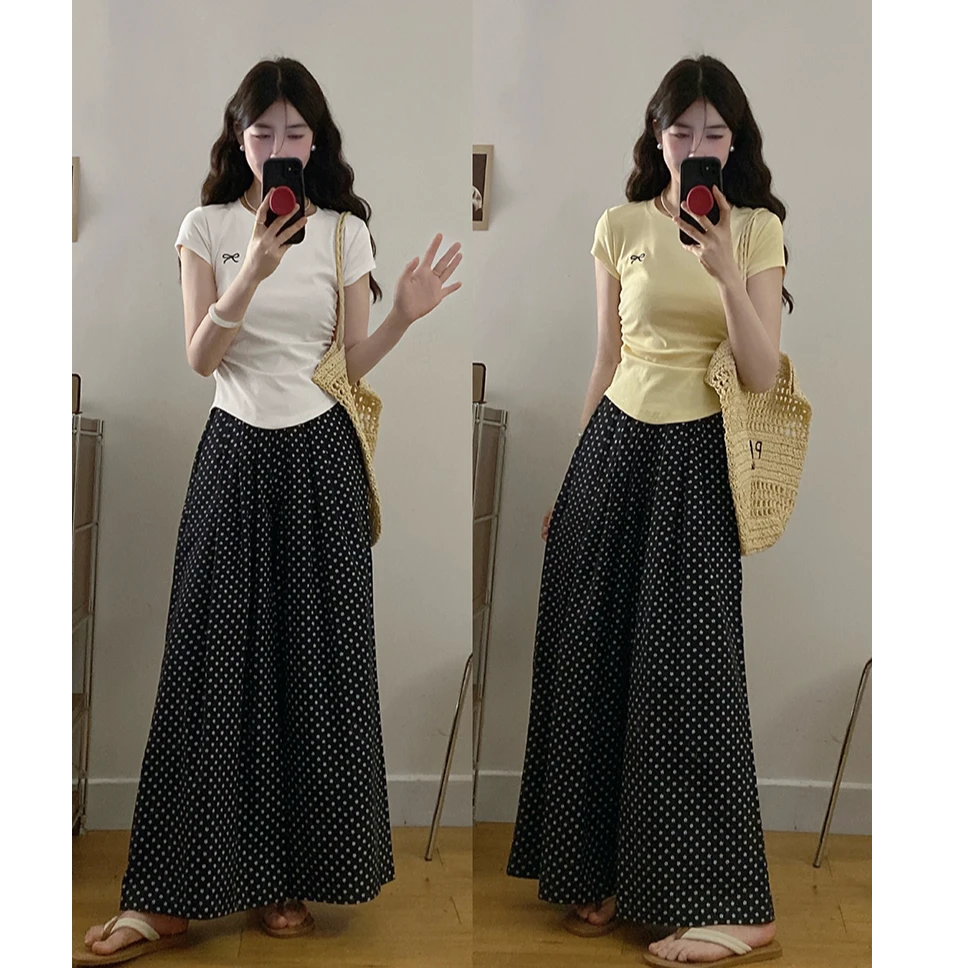 大码夏季新款蝴蝶结短袖T恤+碎花慵懒风宽松休闲阔腿裤两件套
