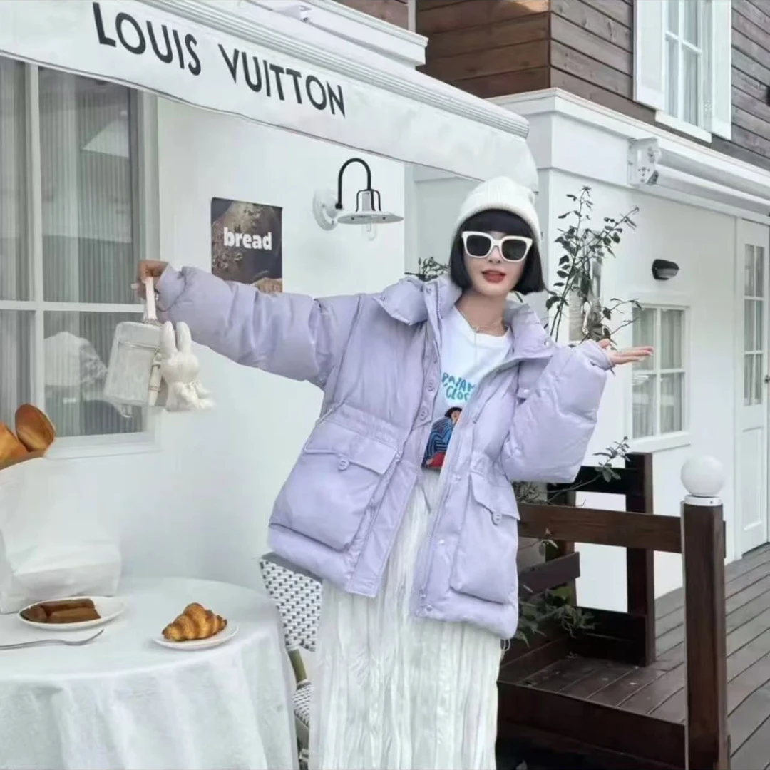 881韩式风羽绒服女冬季宽松保暖收腰连帽白鸭绒外套女