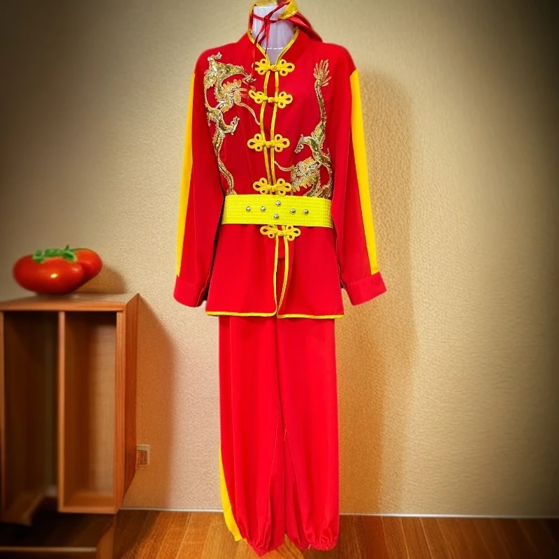 【14号】双龙红黄拼色打鼓服秧歌服红色喜庆中国风设计舞台演出服