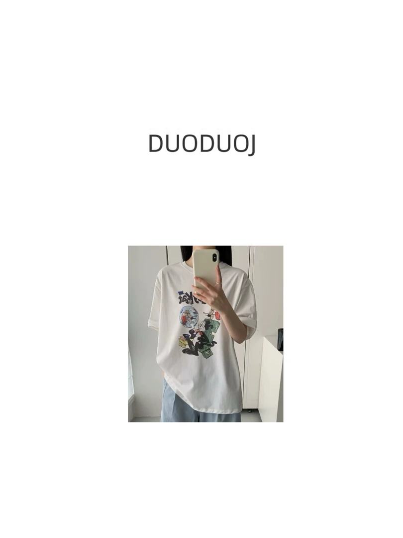 【DuoDuoJ】【疯狂猫猫】韩版休闲百搭圆领半袖简约卡通设计师T桖短袖