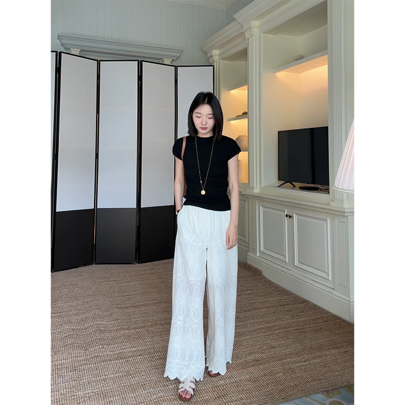 郭九九呢 100%棉蕾丝花边阔腿直筒裤简约显瘦短袖 G925A06678-2