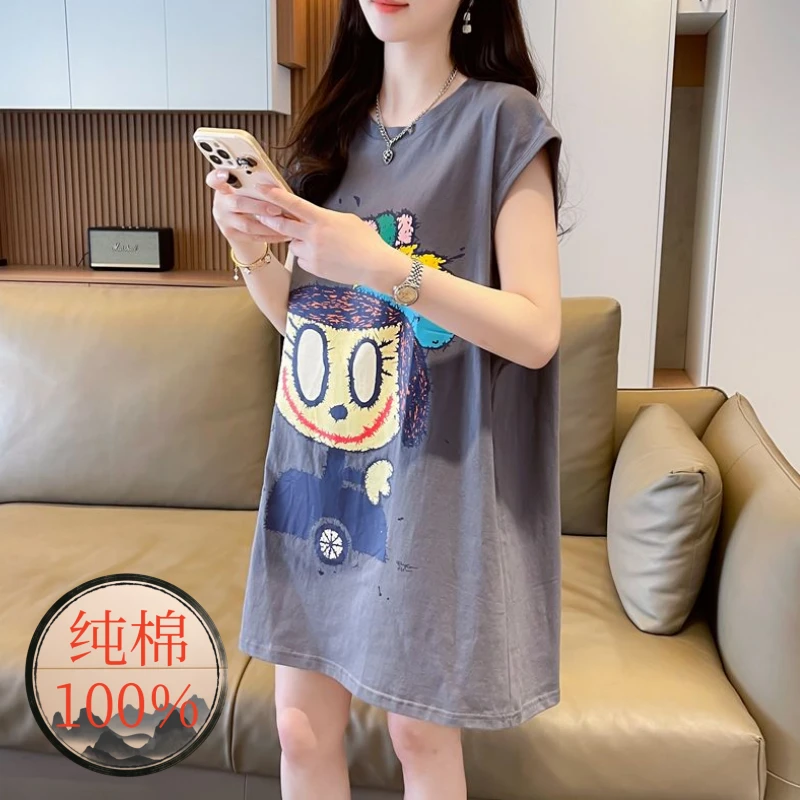 大码背心吊带无袖t恤女夏季新款宽松洋气减龄遮肚显瘦中长款上衣