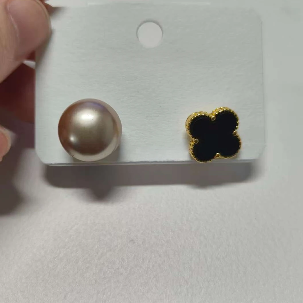 铜合金耳饰 黑色四叶草珠珠耳钉轻奢小众高级感百搭气质耳饰N4481