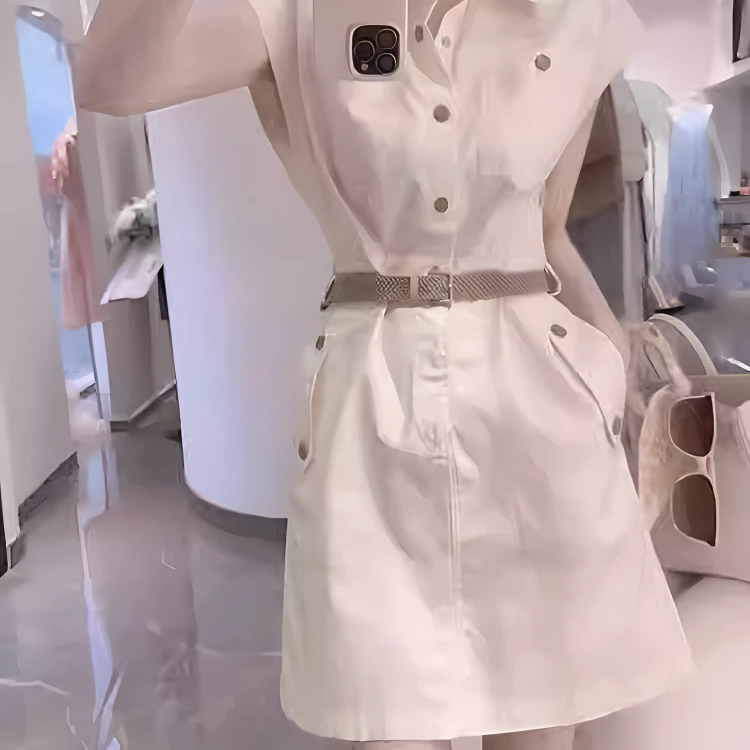 潮牌白色收腰连衣裙女2025夏季小个子御姐名媛气质工装衬衫领短裙