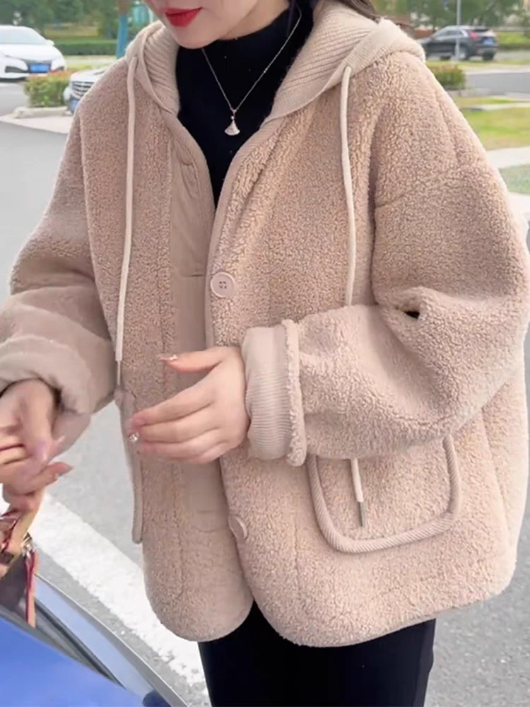 2025秋冬新款韩版连帽皮毛一体仿羊羔毛外套纯色百搭休闲上衣加厚
