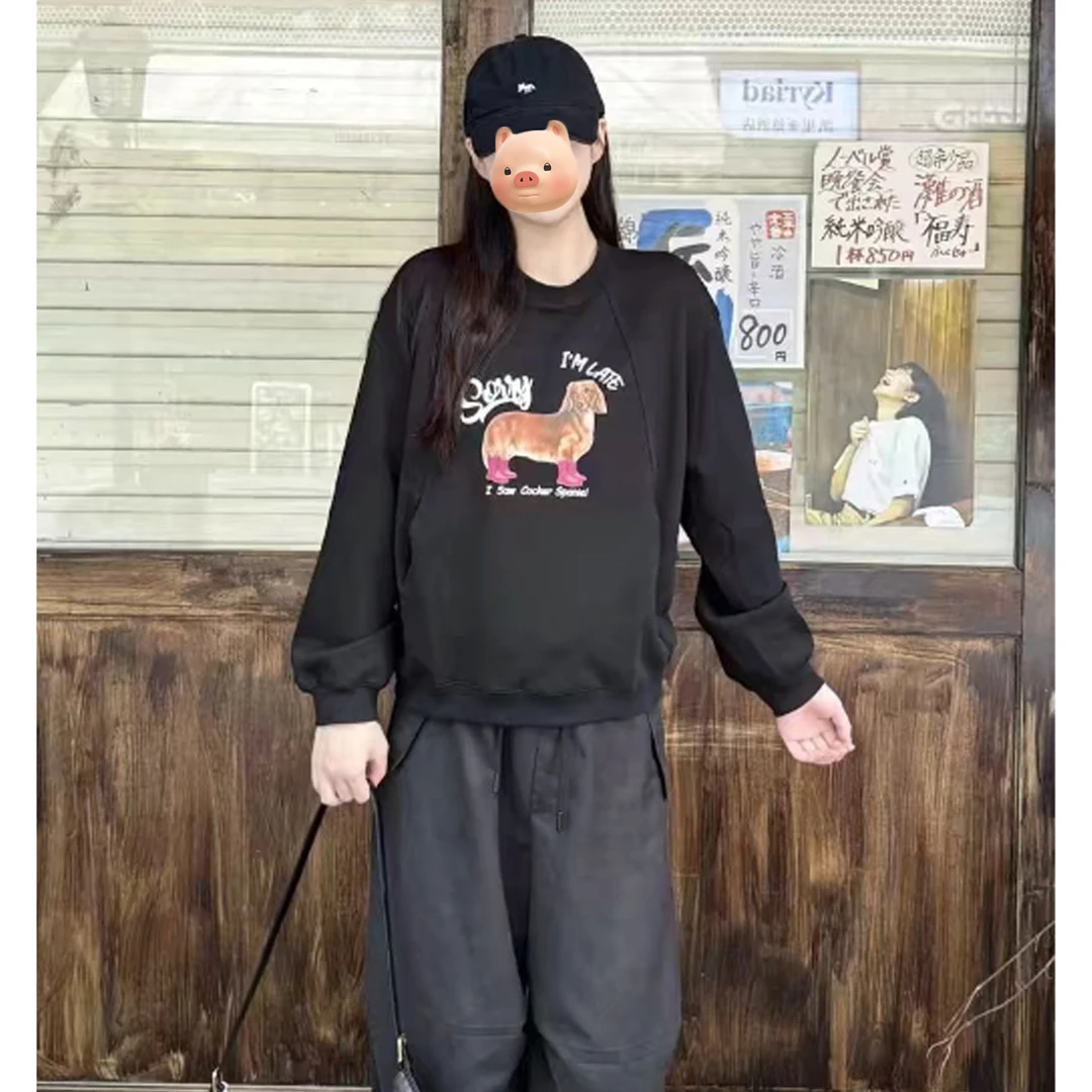 美式复古卡通印花圆领卫衣女秋冬季加绒加厚宽松oversize长袖上衣