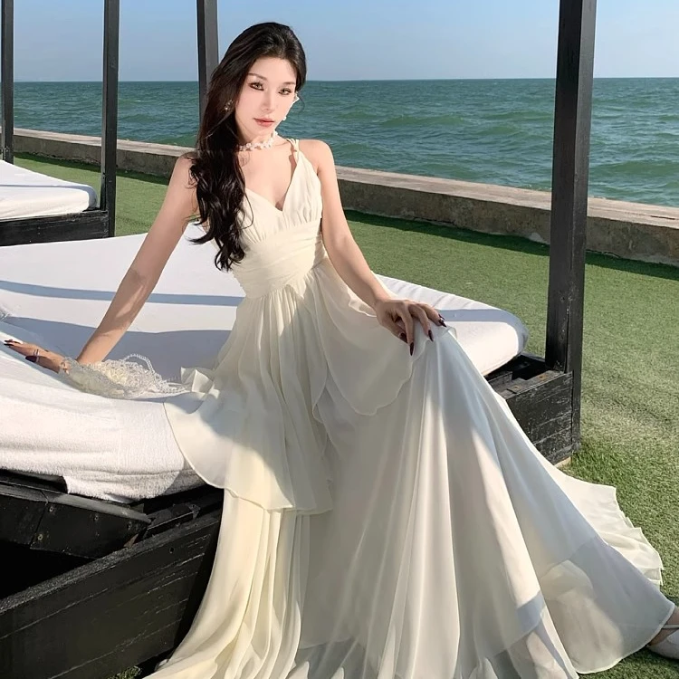法式吊带气质超仙双层荷叶边仙女裙V领露背吊带连衣长裙度假裙