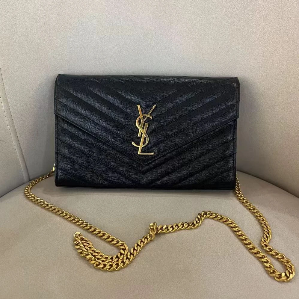 95新 YSL/圣罗兰 青奢荟/圣罗兰黑金信封22链条气质斜挎包/75529