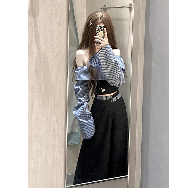 学院风美式辣妹撞色一字肩条纹长袖衬衫女秋季休闲阔腿裤两件套装