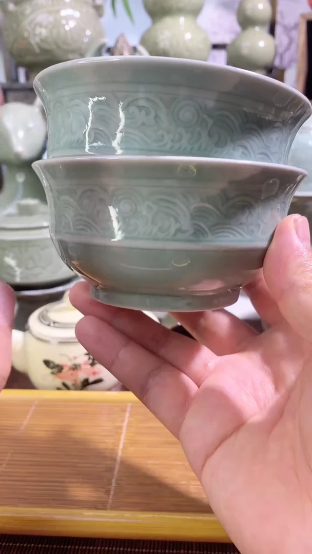 耀州窑微瑕11.5cm海水纹米饭碗4只