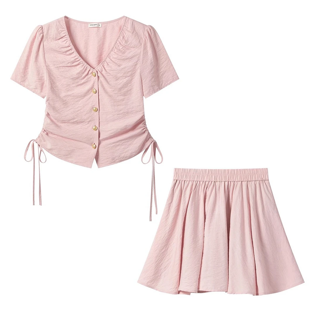 羊城故事-温柔粉色V领抽绳短袖高腰a字松紧半裙套装Y50449372