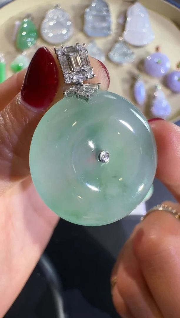 吊坠(不含链)18K金镶嵌翡翠【源头工厂】钻石镶嵌平安绿扣