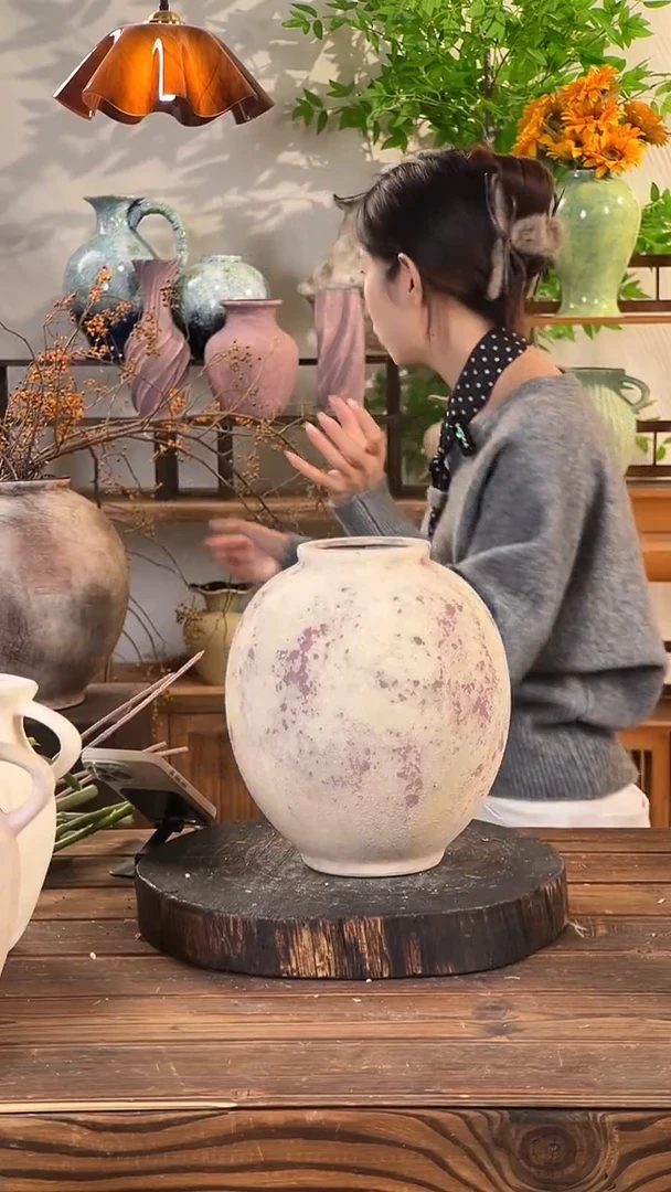 斑点红月亮罐】侘寂风斑驳陶罐水培陶瓷花瓶【口10直径24高24.5cm】