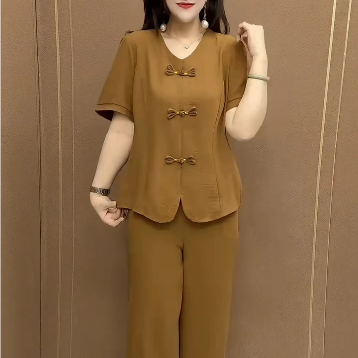 宽松潮流中年妈妈两件套夏季新款气质洋气休闲外穿复古减龄套装女