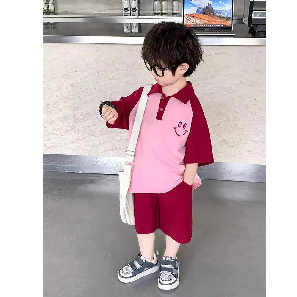 男童套装服装夏季时尚韩版宝宝夏装短袖POLO领洋气粉色儿童两件套