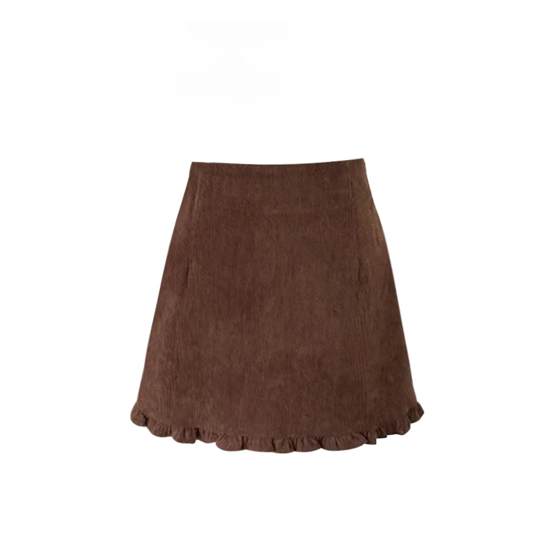 焦糖褶絮花边灯芯绒咖色半身裙女秋冬韩系百搭高腰高冷酷飒女装