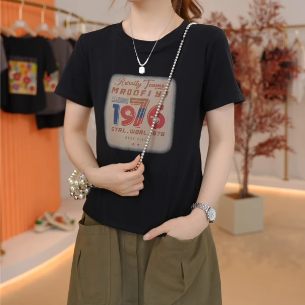 夏季新款高品质经典百搭正肩短袖减龄显瘦T恤复古印花女士t恤衫