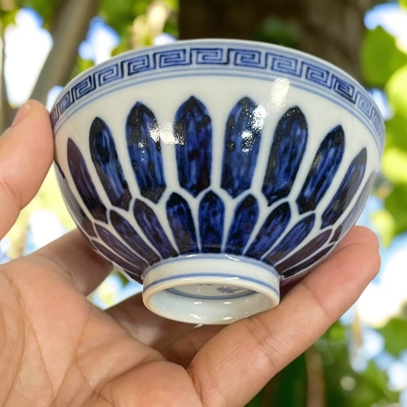 仿明永宣双莲瓣纹缠枝花卉鸡心杯柴窑青花釉下彩主人杯100毫升