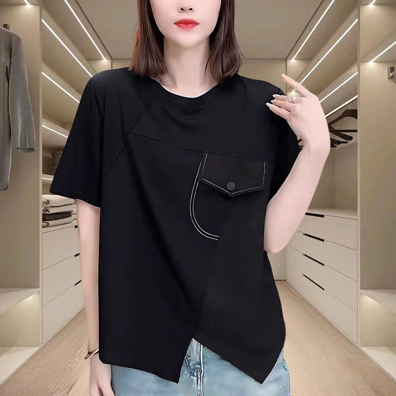 小众设计感时尚短袖t恤2025新款大码胖mm减龄显瘦洋气不规则上衣