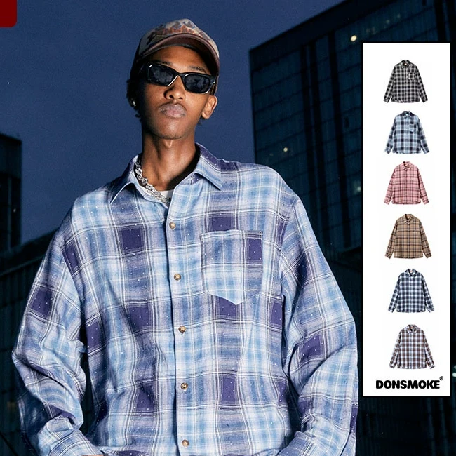 【新年特惠满天星闪钻】DONSMOKE美式街头刺绣基础百搭多色格子衬衫