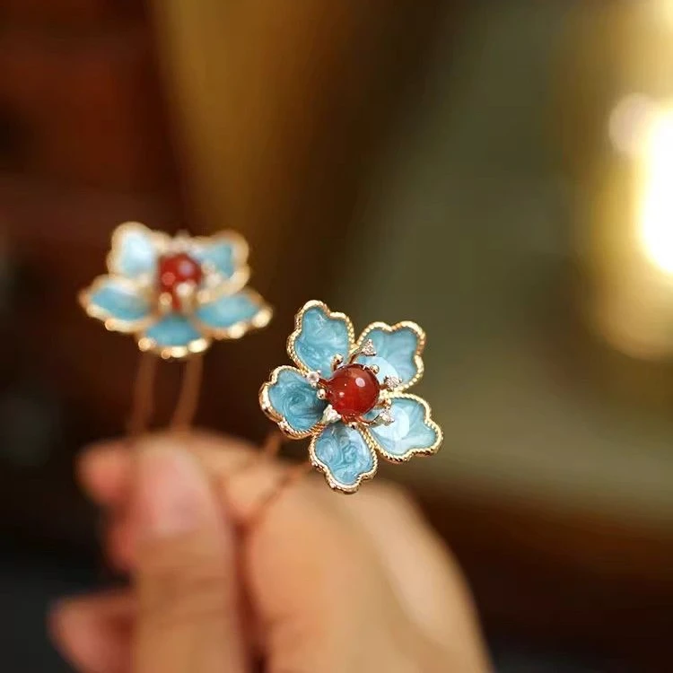 汉服烧蓝小花发钗点缀通勤盘头发用的花朵古风小u钗新中式女头饰