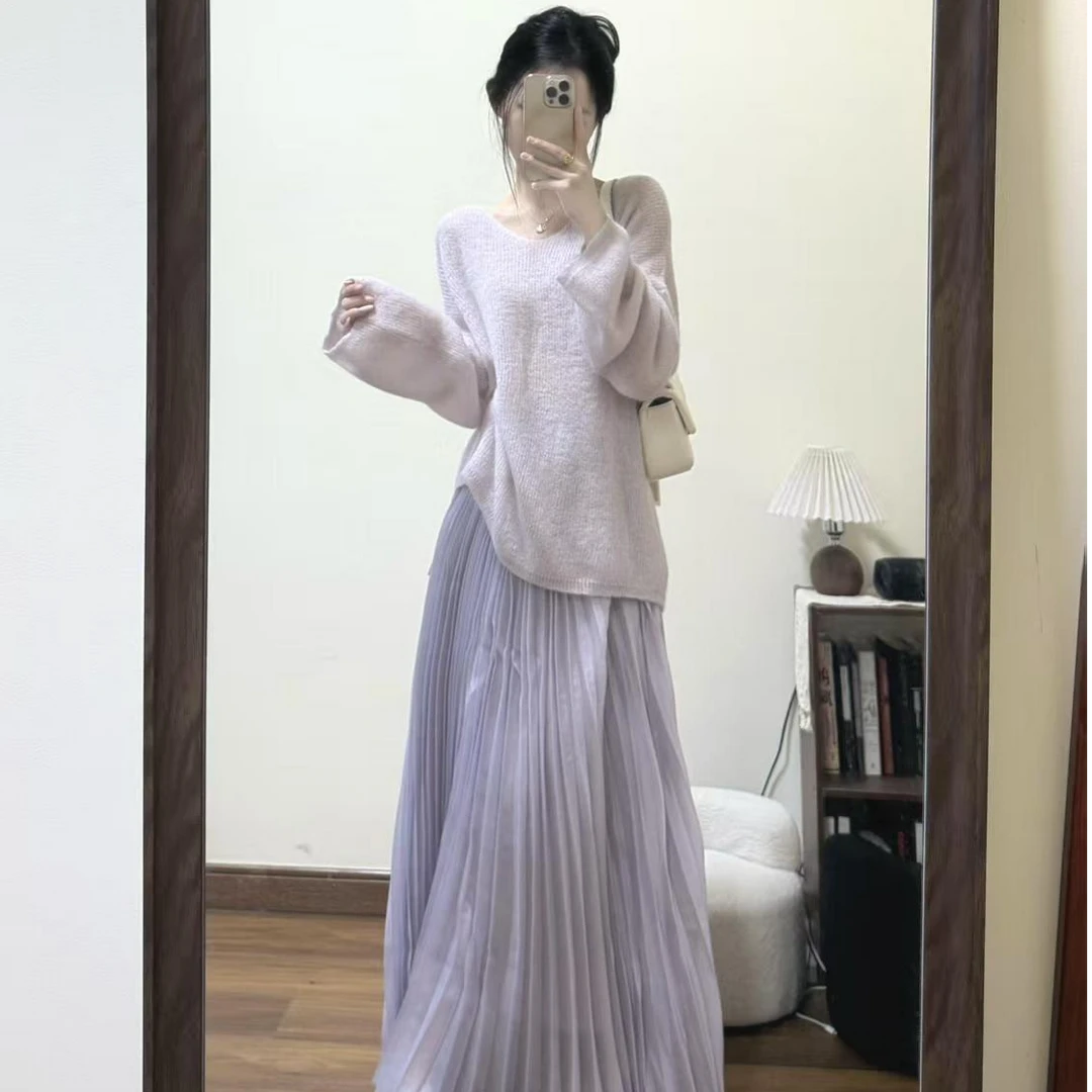 2025v领长袖套头毛衣女春季软糯针织衫宽松慵懒风休闲上衣套装