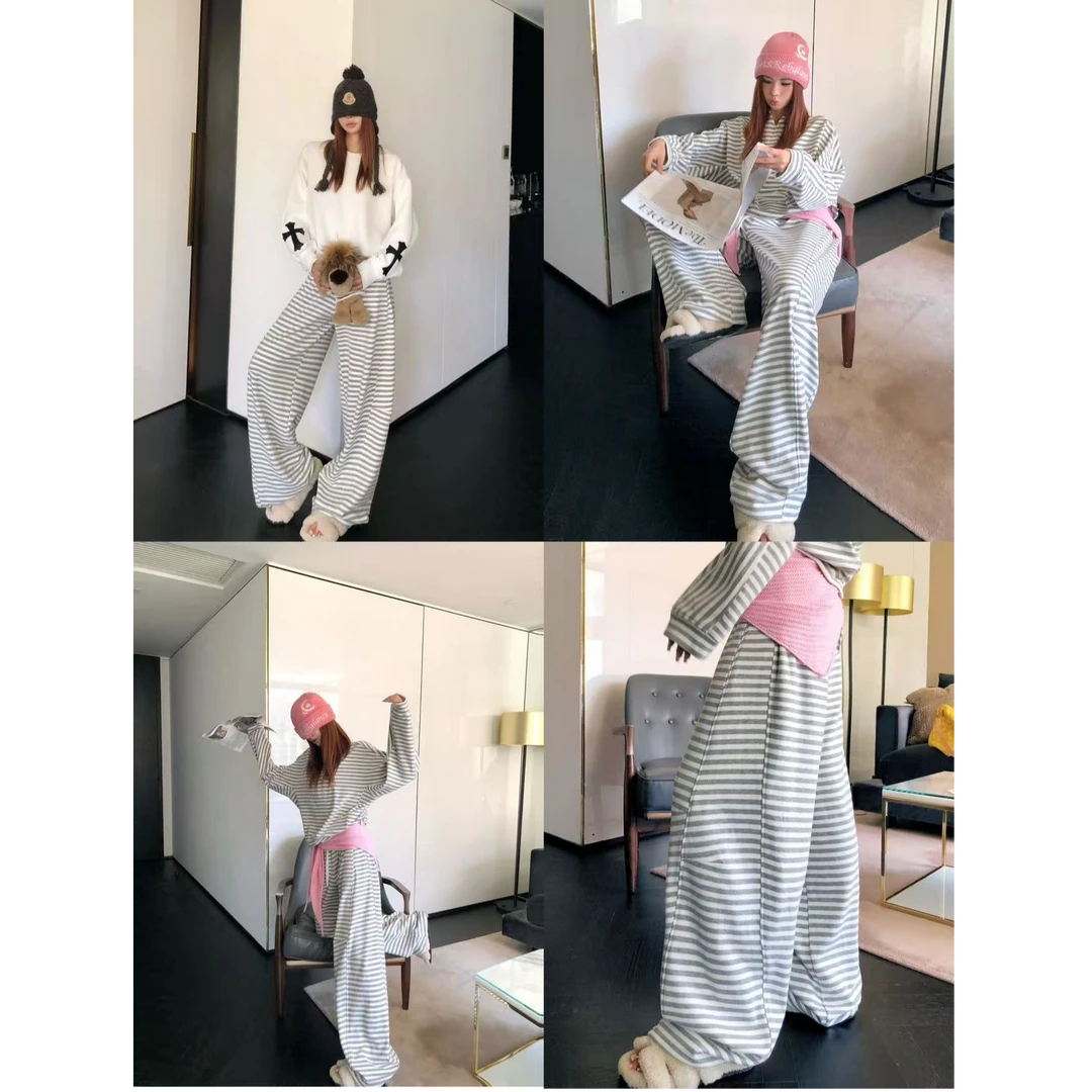 婉君【慵懒条纹】韩系早秋阔腿宽松休闲条纹运动裤LWJ25C3TZ3158