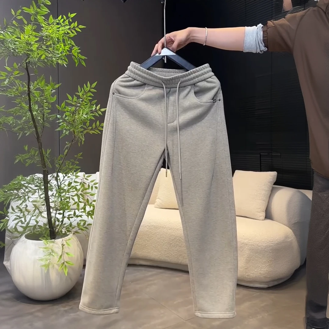 冬季新款加绒保暖弯刀直筒裤男士纯色时尚百搭立体剪裁抽绳休闲裤