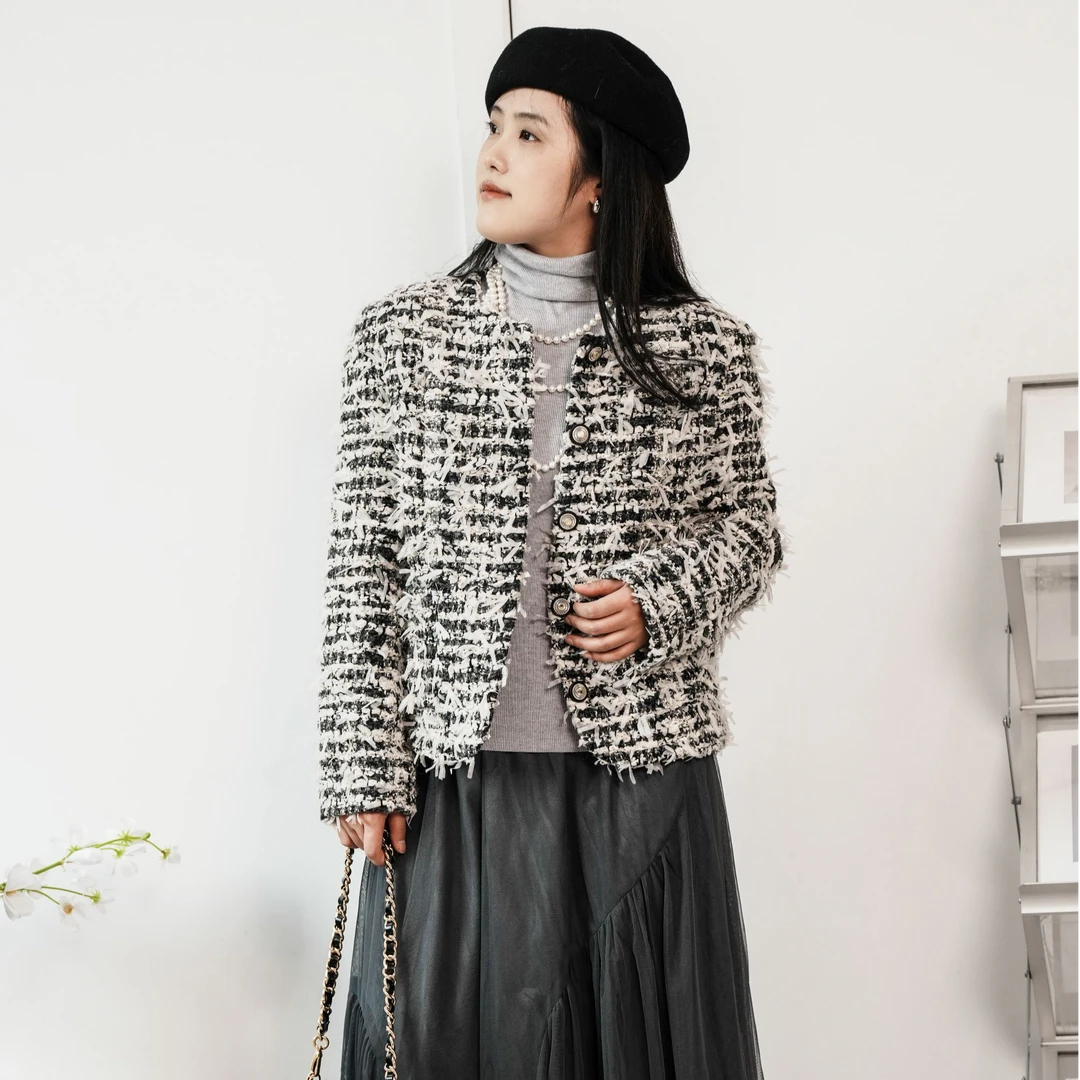 XI SHANG【织羽】90鹅绒短款小香粗花呢外套法式气质小香外套3828