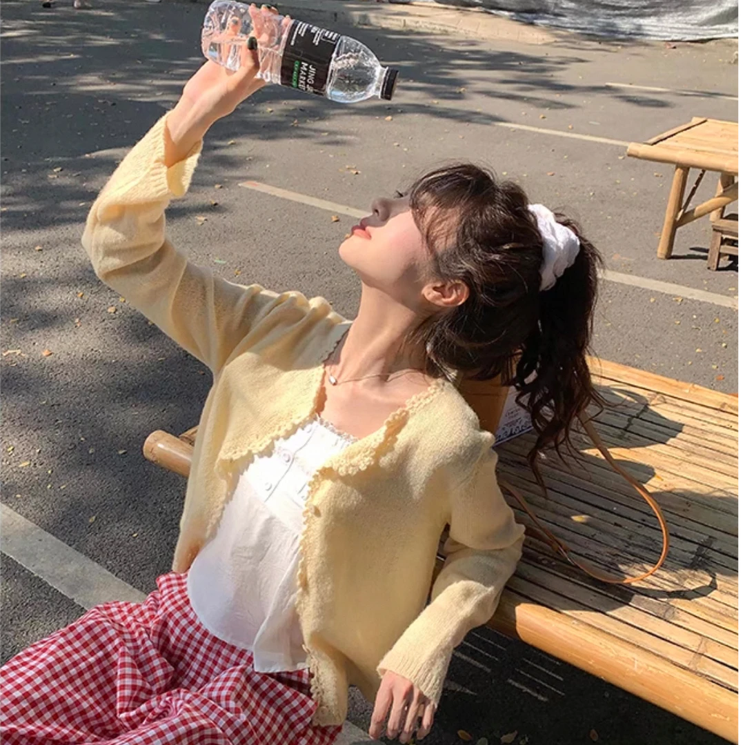 粉粉嫩嫩马海毛短款小开衫显瘦春夏季外套韩系花边百搭